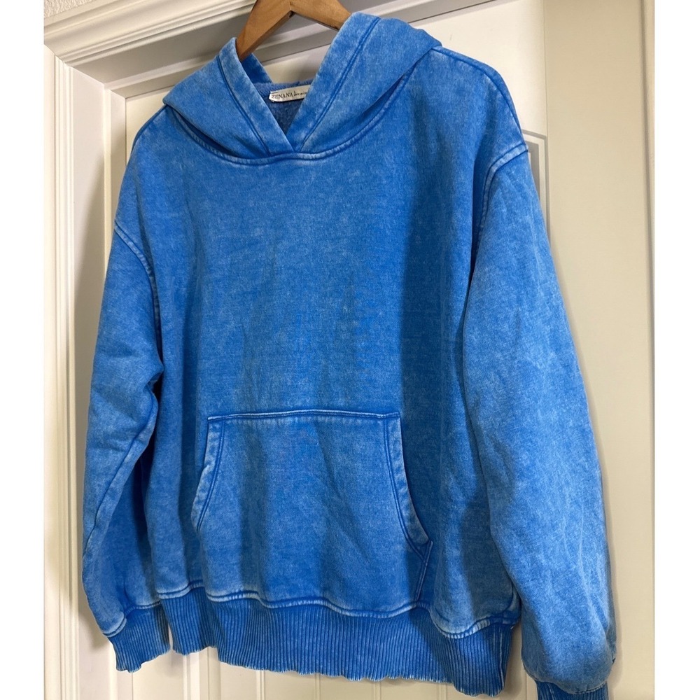 Zenana Women Blue Acid Wash Mineral Wash Pullover Hoodie Oversized Large